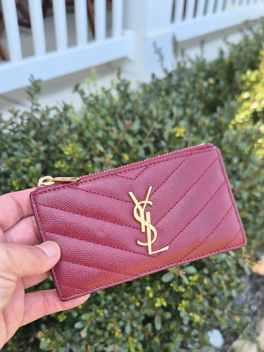 Saint Laurent Burgundy Quilted Leather Zip Card Wallet with Gold YSL Logo